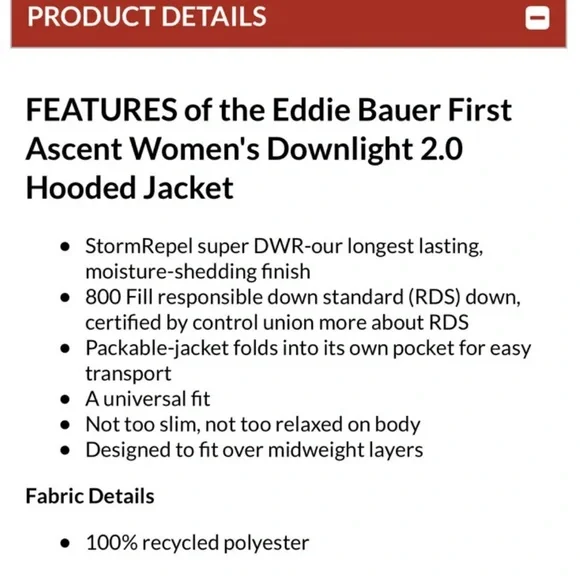 Eddie Bauer First Ascent Downlight 800 fill jacket -Large